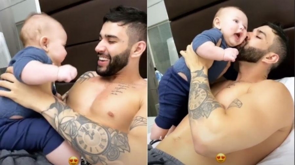 Gusttavo Lima compartilha momento de carinho com o filho caçula.